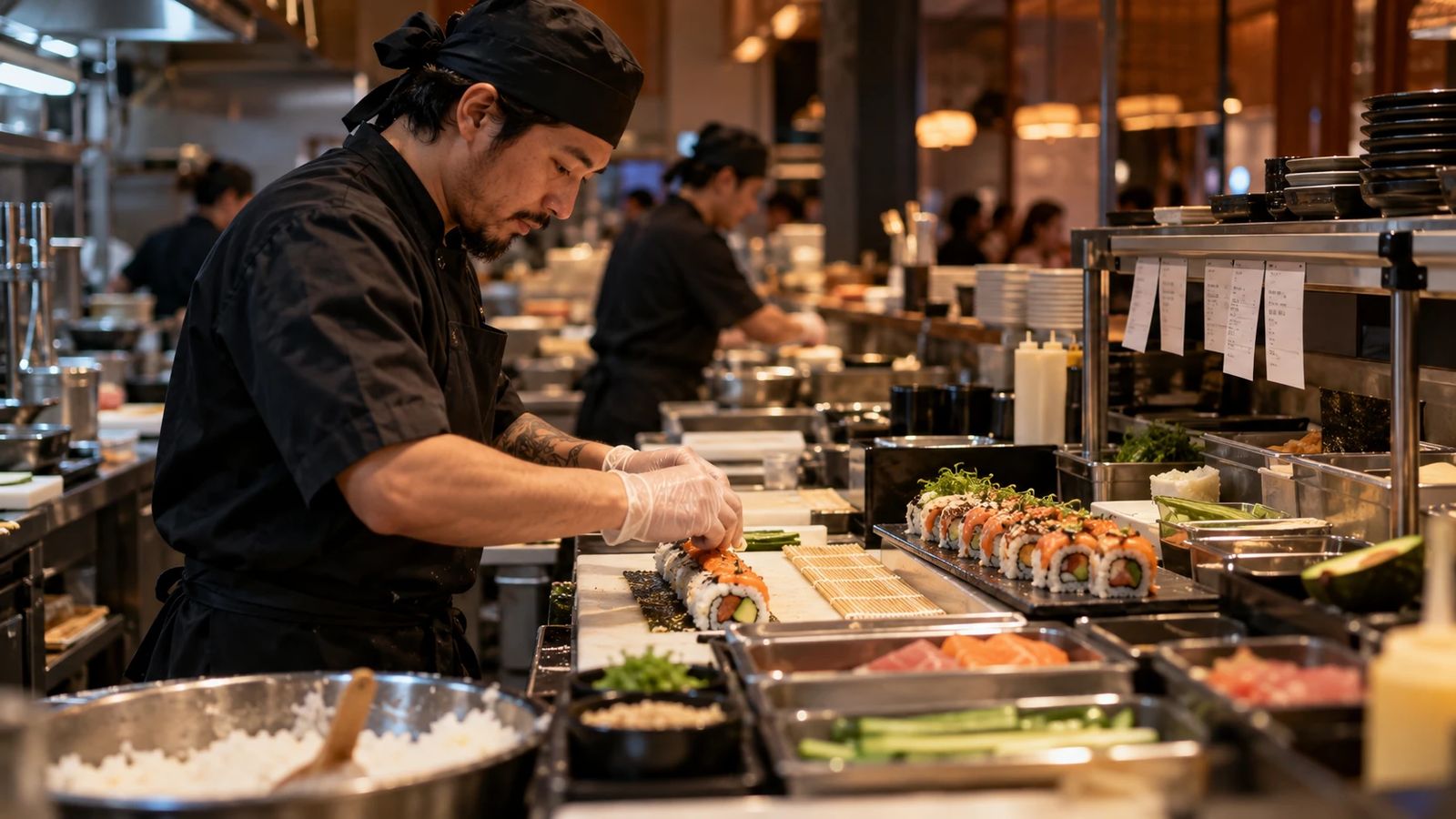 Cocina de sushi preparando pedidos de delivery