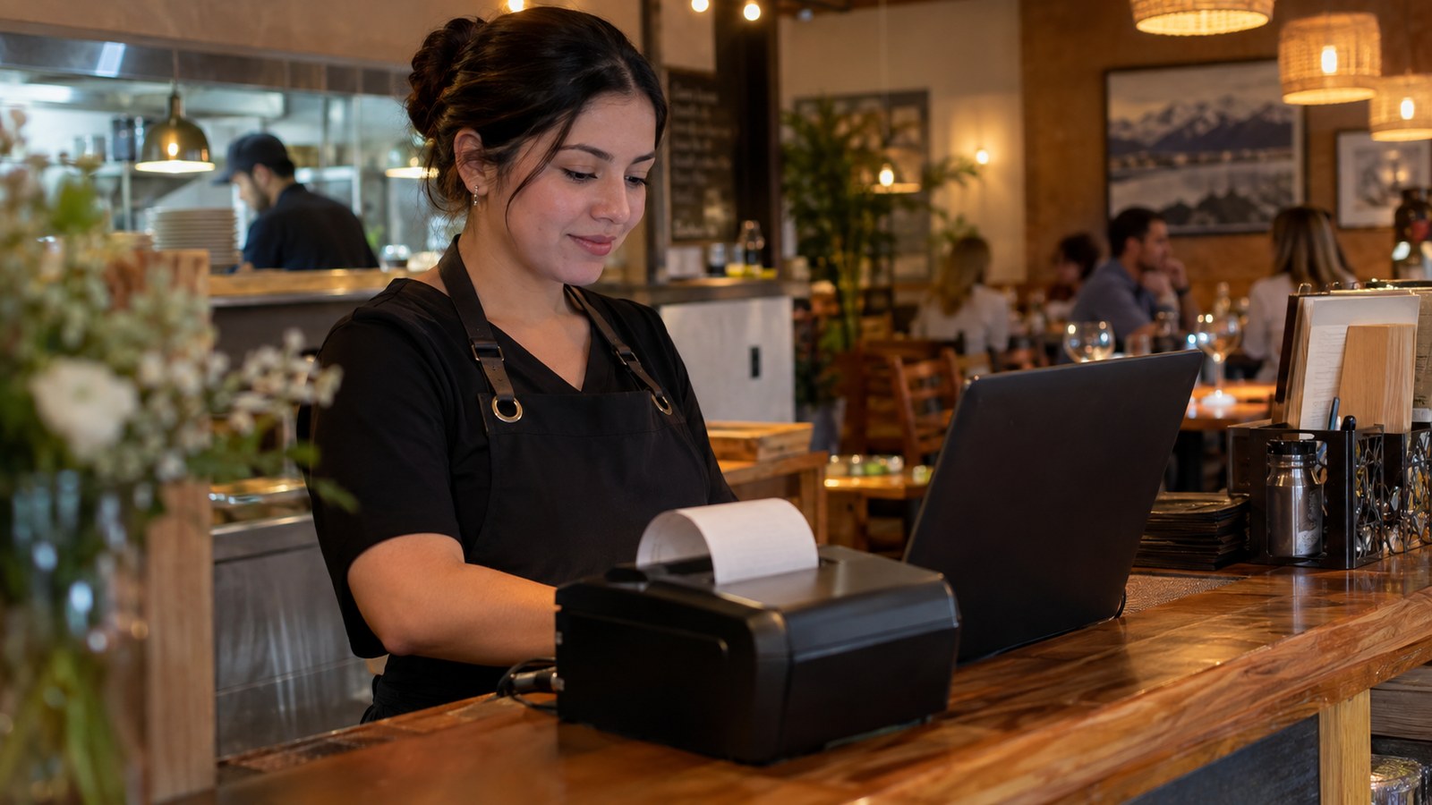 Cajera emitiendo una boleta electrónica desde el sistema del restaurante