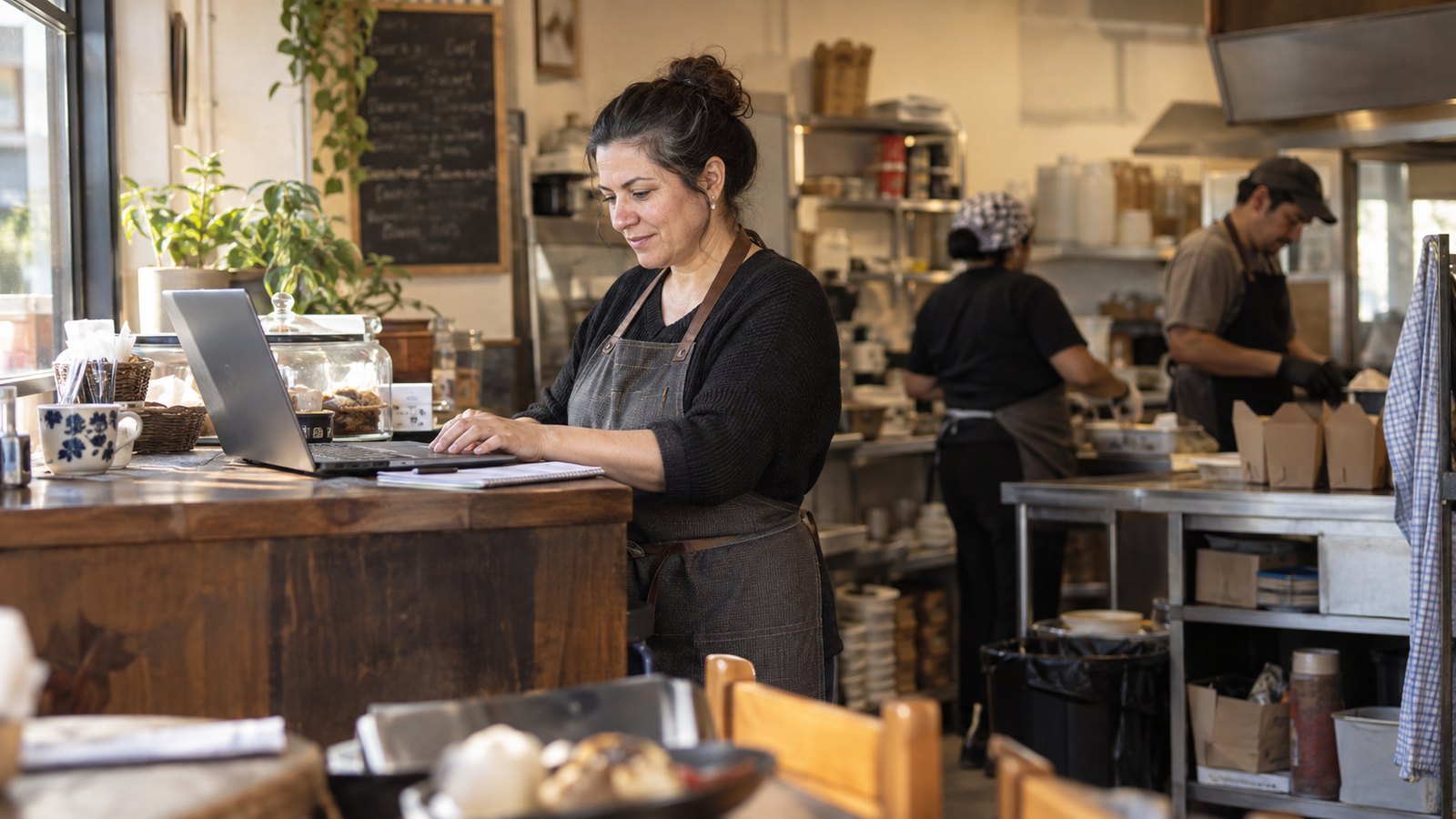 Encargado de restaurante administrando ventas y pedidos con un software online