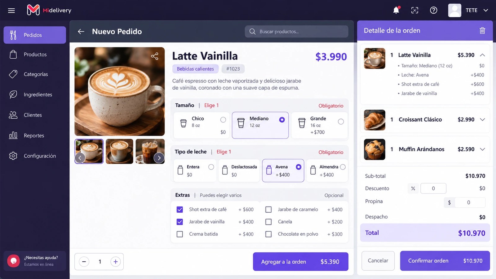 Producto de cafetería con extras en Midelivery