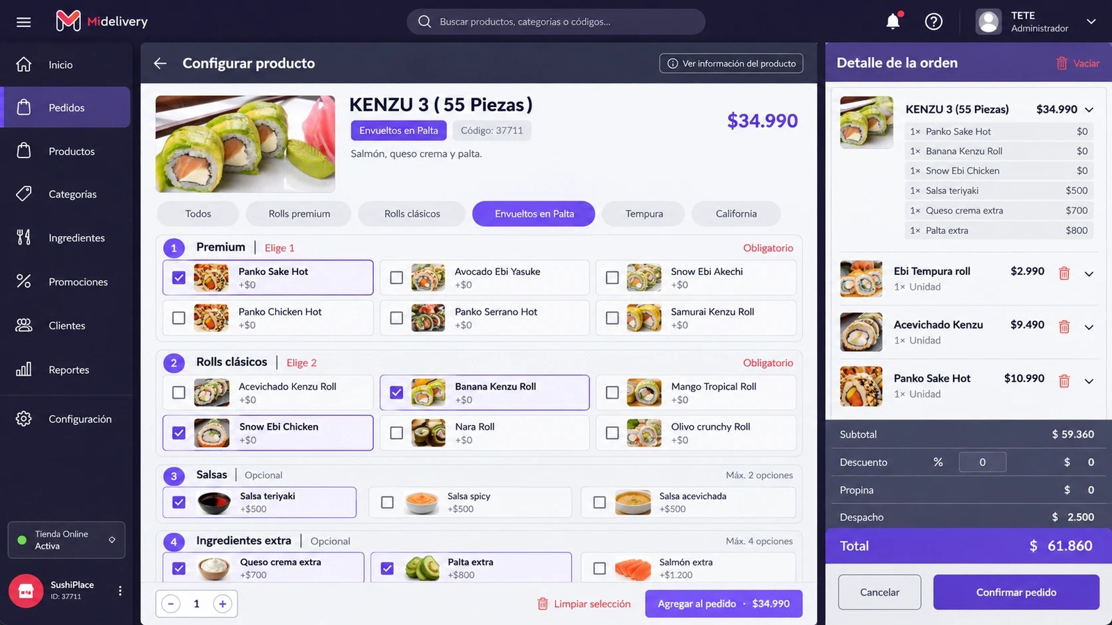 Producto de sushi con categorías de ingredientes en Midelivery
